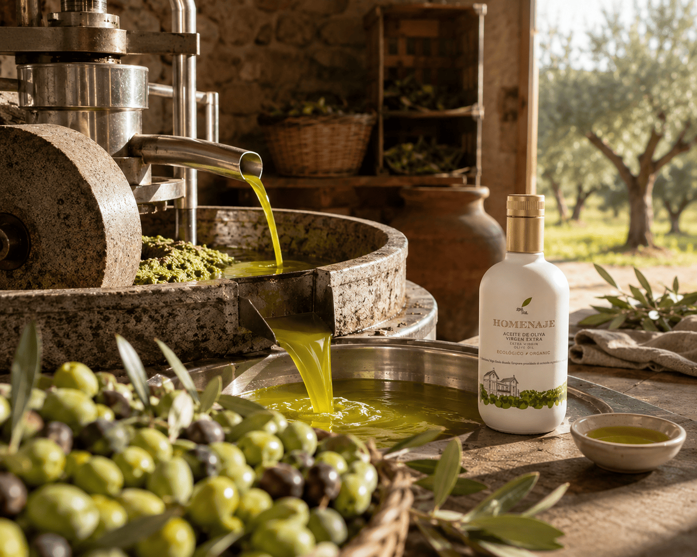 Extraction mécanique à froid d’une huile d’olive vierge extra avec la bouteille Homenaje de Noor Terroirs.