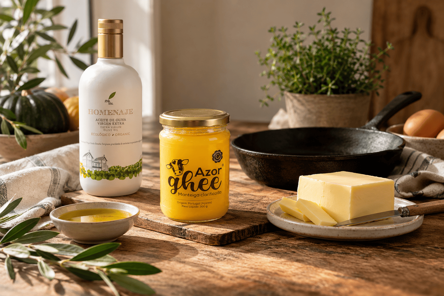 Beurre, Azor Ghee et huile d’olive vierge extra Homenaje présentés en cuisine pour différentes recettes
